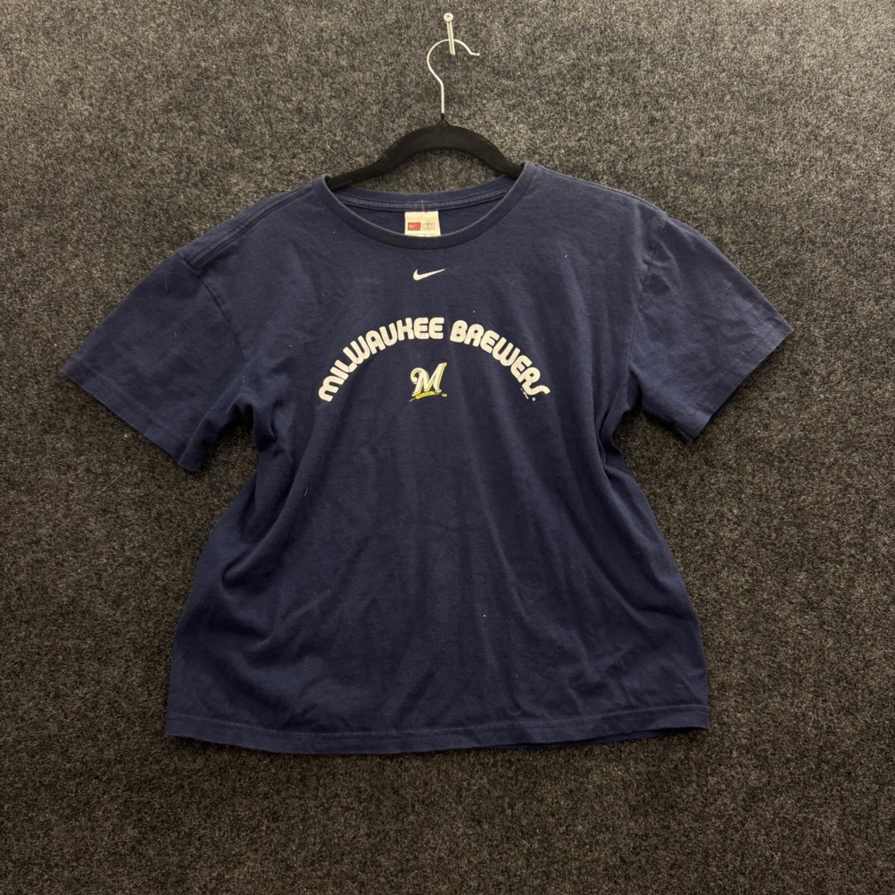 Vintage Nike Milwaukee Brewers Baby Tee Navy Blue Center Swoosh MLB Y2K Size M